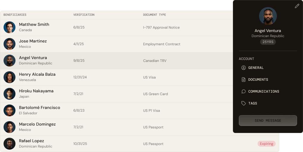 VeloVisa player records view showing documents, verification dates, and a player profile
